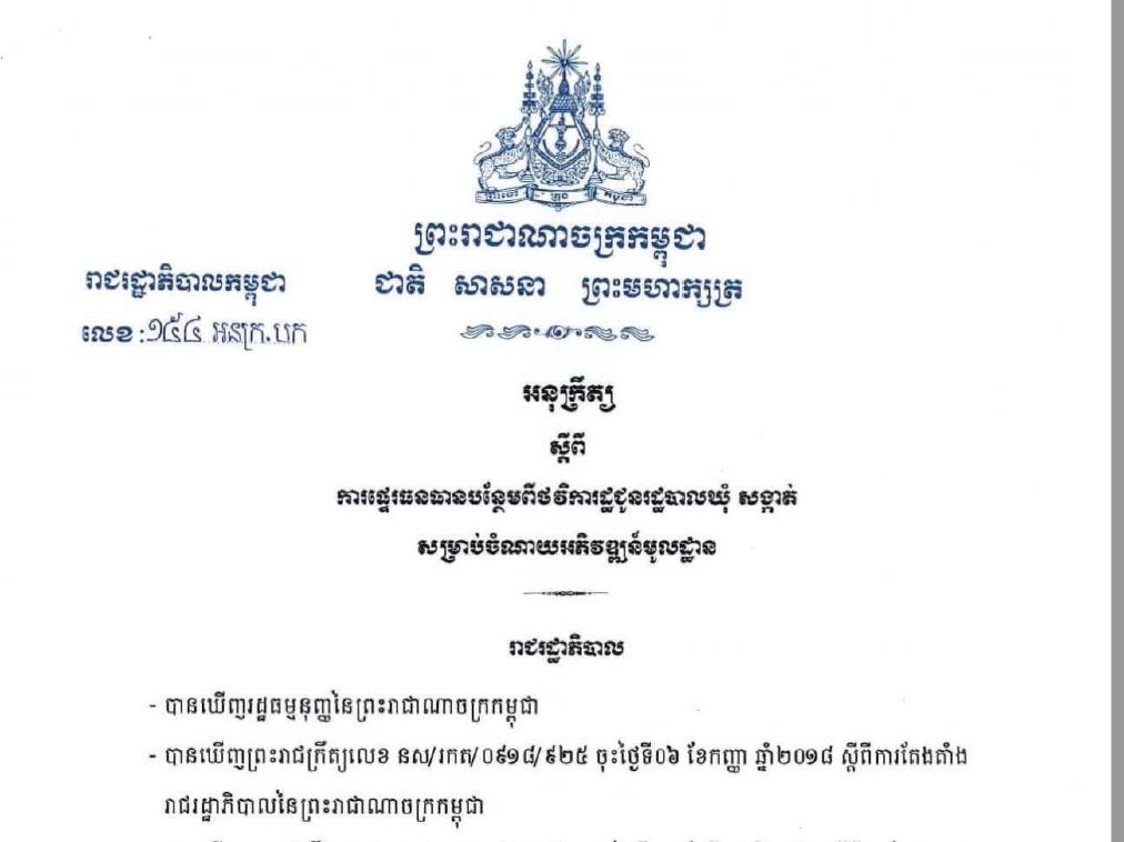 អនុក្រឹត្យលេខ : ១៥៤ អនក្រ.បក ស្ដីពីការផ្ទេរធនធានបន្ថែមពីថវិការដ្ឋជូនរដ្ឋបាលឃុំ_សង្កាត់ សម្រាប់ចំណាយអភិវឌ្ឍន៍មូលដ្ឋាន